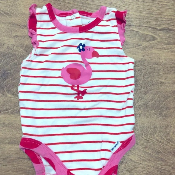 Gerber Little Girls 0-3 Months Pink & Red Striped Flamingo Onesie - Picture 2 of 5
